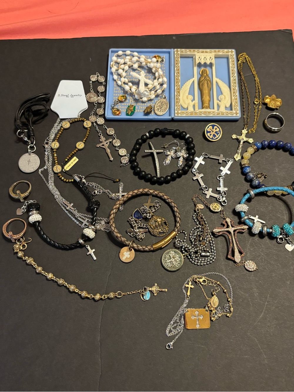 20+ Pc Religious Jewelry Lot - Cross Necklaces Bracelets Rosaries Medals Shrine
